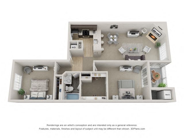 Floor plan for 2 beds, 1 bath, 950 sqft